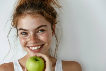 Portrait of an attractive girl with the green apple