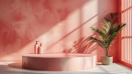 Wall Mural - Cosmetics presentation podium in coral