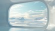 Minimalist, futuristic background with rounded corners and a large window showing an arctic landscape. Generative AI.