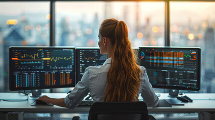 Poster - A woman sitting in a modern office. the high-tech screens around her still display complex graphs and data. Generative AI.
