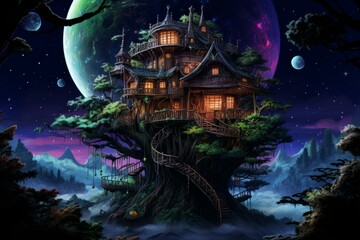 Wall Mural - Digital art of a mystical treehouse with a backdrop of a vibrant alien sky featuring planets