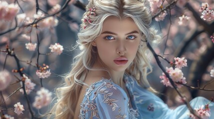 Sticker - A gorgeous blond princess with long hair wearing a blue lace dress, sitting in a cherry blossom garden. Generative AI.