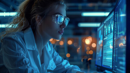 Aufkleber - Business people working on futuristic led monitor, blue colors, industrial environment. Generative AI.
