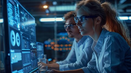 Aufkleber - Business people working on futuristic led monitor, blue colors, industrial environment. Generative AI.