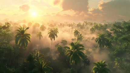 Wall Mural - Early morning mist rising from a tropical forest, creating an ethereal atmosphere as the first rays of the sun pierce through