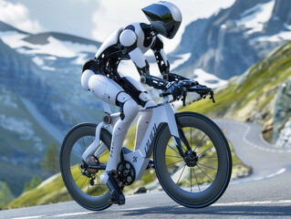 A cybernetic robot cyclist speeding down a mountain trail, surrounded by stunning natural scenery, demonstrating endurance and agility , hyper realistic, low texture, low noise