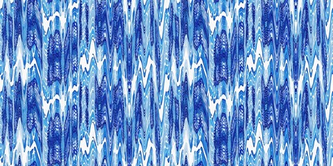 Wall Mural - Indigo ikat dye stripe marled seamless border. Asian style wavy distort weave print banner in modern blue white.