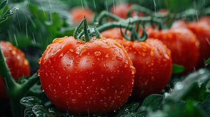 Wall Mural -   A vibrant cluster of crimson tomatoes resting atop verdant grass blanketed with dewdrops during drizzle