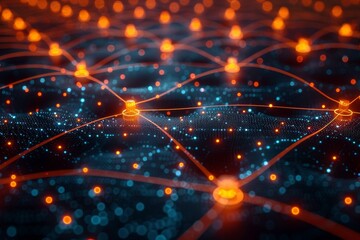 Wall Mural - This abstract technology image features a grid of glowing network nodes with connections, symbolizing connectivity and data