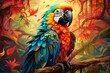 Colorful illustration of a macaw parrot in a lively autumnal woodland scene