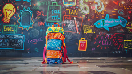 school backpack standing prominently in front of a chalkboard