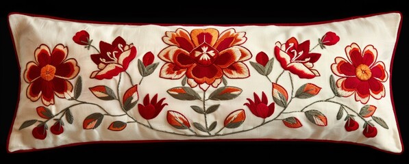 Sticker - Elegant wide decorative pillow with intricate Hungarian folk embroidery in rich reds and oranges