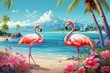 Experience the serene and tranquil tropical paradise with flamingos. Palm trees. And lush foliage. Set against a backdrop of a vibrant and exotic mountain landscape