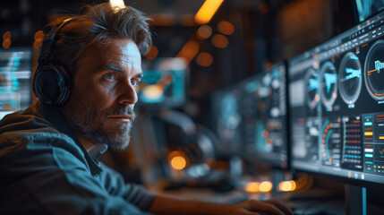 Poster - A professional cybersecurity analyst sitting at a desk in front of a computer. The monitors display data visualizations related to digital asset inventories, risk assessments. Generative AI.