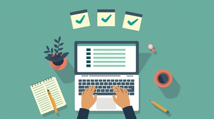 A laptop is open on a table with a green background