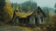 © Wall - A dilapidated house amidst a forest, its roof blanketed with yellowing leaves, trees looming in the backdrop