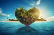 Stunning heart-shaped tropical island with palm trees and clear blue waters under a sunny sky