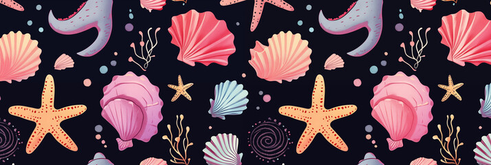 Wall Mural - Banner with colorful marine life with starfish, shell, seaweed on dark background. Panoramic web header. Wide screen wallpaper