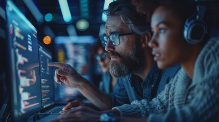 Aufkleber - Developers discussing lines of code on big screens surrounding them while using laptops. A female and a male programmer team up to create software. Generative AI.