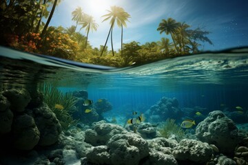 Wall Mural - Split-level shot of a vibrant coral reef and lush island above water in a serene tropical setting