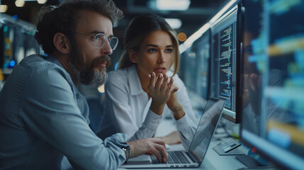 Aufkleber - Developers discussing lines of code on big screens surrounding them while using laptops. A female and a male programmer team up to create software. Generative AI.