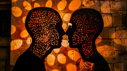 Silhouette of two people with patterned shadows creating an artistic and romantic conceptual image at night.