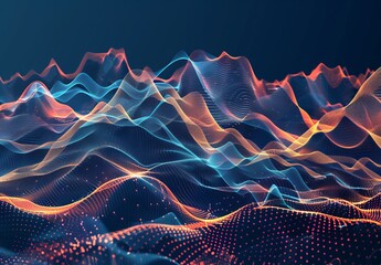 Poster - A digital landscape of undulating wave patterns with colorful light particles, representing data flow and digital landscapes