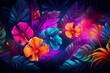 Tropical leaves in neon colors and glowing frame. Floral summer party colorful. Generate Ai
