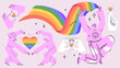 © Katsyarina - Characters with rainbow lgbtq flag celebrate pride month or day vector flat illustration. LGBTQ support festival or event social media greeting template design elements. Rainbow heart in arms.