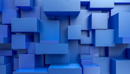 Wall Mural - A digital art piece featuring a complex arrangement of blue cubic shapes creating a structured grid with an architectural essence