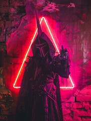 Canvas Print - Sinister Warlock of the Neon Cult Performing Arcane Ritual in Ominous Gothic Setting