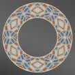 Decorative round ornament in gray beige red blue.  Pattern for plates or dishes.  Porcelain pattern design. Abstract floral ornament border.