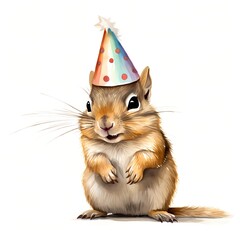 Chipmunk with party hat. Chipmunk. Birthday hat clipart. Watercolor illustration. Generative AI. Detailed illustration.