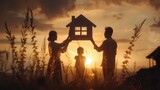 Fototapeta  - The silhouette of a family holding up a house shaped form with a window in front of a sunset
