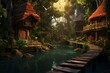 Tranquil illustration of a fantasy jungle village with huts, a river, and a wooden bridge