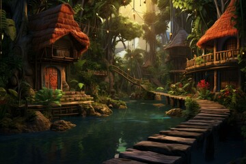 Wall Mural - Tranquil illustration of a fantasy jungle village with huts, a river, and a wooden bridge
