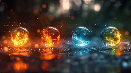 Four spheres of elements, fire water air earth, glass marbles with different colors with colorful glowing particles around on dark bokeh background