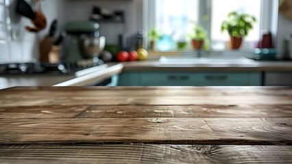 Wall Mural - Blurred kitchen background with empty wooden table for product display. Concept Food Photography, Kitchen Setup, Product Display, Wooden Table, Blurred Background