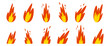 Set of fire flames on white background. Flames of different shapes.