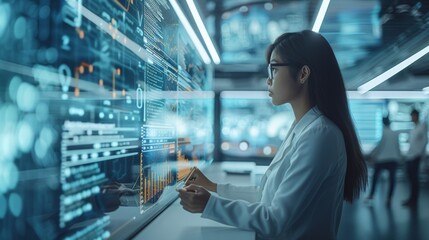 Poster - Include a diverse team of professionals working together in a high-tech, surrounded of a sleek and modern interface with holographic elements, showing graphs and analytics. Generative AI.