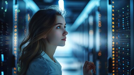 Poster - Woman working in office, server centre. Generative AI.