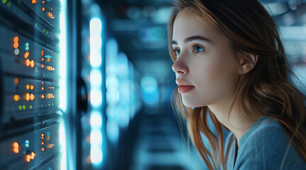 Poster - Woman working in office, server centre. Generative AI.