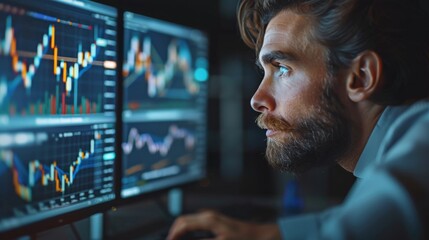 Poster - In the office, two businessmen are discussing trading charts growth. Generative AI.