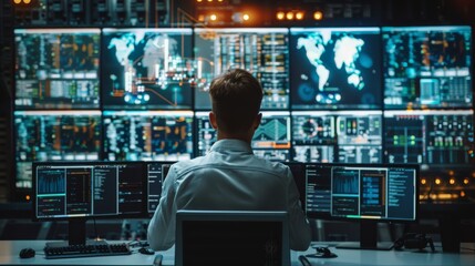 Poster - Operator working in the System Control Center. Technical data is displayed on multiple screens. Generative AI.