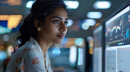 Poster - A woman working in cybersecurity at a bank in India. Generative AI.