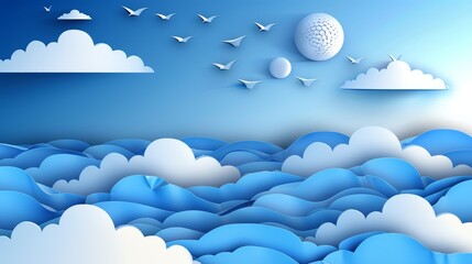 Wall Mural -   A flock of birds soars above a blue backdrop, dotted with clouds, bearing a white orb as their centerpiece