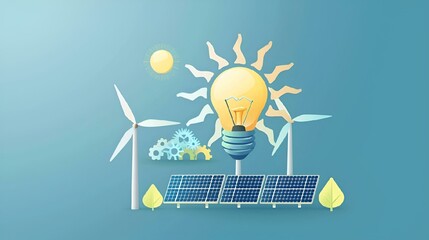Wall Mural - AI generated illustration of sunlit windmills surrounding a glowing light bulb in center