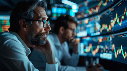 Poster - A trading desk office with traders looking at data and stock information. Generative AI.