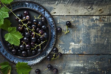 Wall Mural - Fresh blackcurrants on a plate on a wooden background. View from above. place for text. 