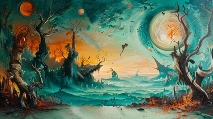 Wall Mural - A painting of a forest with a blue sky and a large planet in the background. The mood of the painting is peaceful and serene